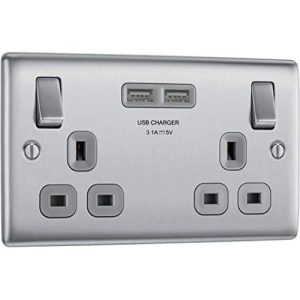 BG BRUSHED STEEL 2G USB SWITCHED SOCKET (GREY INS)