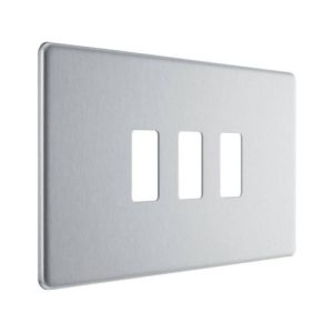 BG BRUSHED STEEL 3G TWIN SCREWLESS FLATPLATE GRID SWITCH FRONT