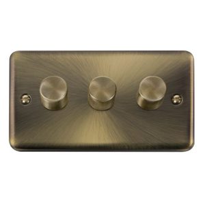 CLICK DECO PLUS ANTIQUE BRASS 3-GANG DOUBLE DIMMER PLATE & KNOBS