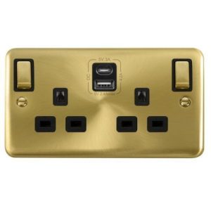 CLICK DECO PLUS SATIN BRASS 2G 13A SW SOCKET 4.2A A&C USB INGOT DPSB BLACK