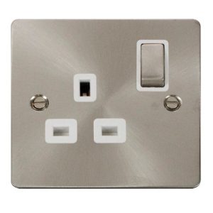 CLICK FLATPLATE BRUSHED STEEL 1G SWITCHED SOCKET (WHT INS)