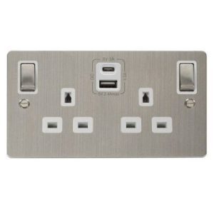 CLICK DEFINE STAINLESS STEEL 2G 13A SW SOCKET 4.2A A&C USB INGOT FPSS WH