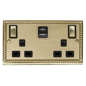 CLICK DECO GEORGIAN CAST BRASS 2G 13A SW SOCKET 4.2A A&C USB INGOT GCBR BLACK