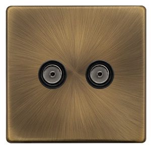 CLICK DEFINITY COMPLETE TWIN NON-ISOLATED COAXIAL OUTLET - ANTIQUE BRASS COVER PLATE - BLACK INSERT