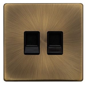 CLICK DEFINITY COMPLETE TWIN TELEPHONE SECONDARY OUTLET - ANTIQUE BRASS COVER PLATE - BLACK INSERT