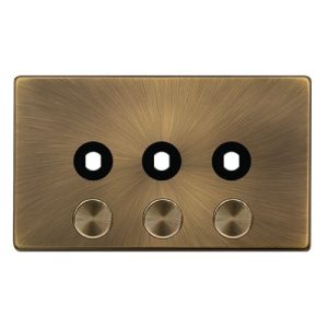 CLICK DEFINITY COMPLETE 3 GANG UNFURNISHED DIMMER PLATE & KNOBS - ANTIQUE BRASS