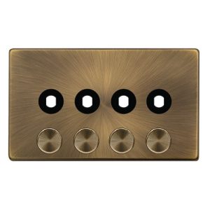 CLICK DEFINITY COMPLETE 4 GANG UNFURNISHED DIMMER PLATE & KNOBS - ANTIQUE BRASS