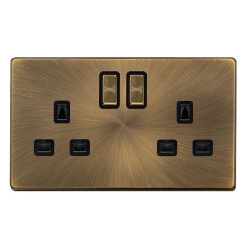 CLICK DEFINITY COMPLETE 13A INGOT 2 GANG DP SWITCHED SAFETY SHUTTER SOCKET - ANTIQUE BRASS COVER PLATE - BLACK INSERT