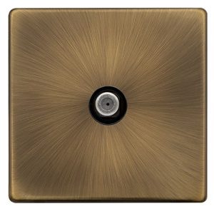 CLICK DEFINITY COMPLETE NON-ISOLATED SINGLE SATELLITE OUTLET - ANTIQUE BRASS COVER PLATE - BLACK INSERT