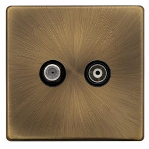CLICK DEFINITY COMPLETE ISOLATED SATELLITE & ISOLATED COAXIAL OUTLET- ANTIQUE BRASS COVER PLATE - BLACK INSERT