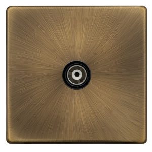 CLICK DEFINITY COMPLETE SINGLE ISOLATED COAXIAL OUTLET - ANTIQUE BRASS COVER PLATE - BLACK INSERT