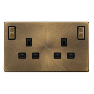 CLICK DEFINITY COMPLETE 13A INGOT 2 GANG DP SWITCHED SAFETY SHUTTER SOCKET WITH OUTBOARD ROCKERS- ANTIQUE BRASS COVER PLATE - BLACK INSERT