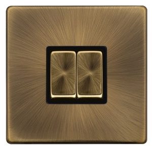 CLICK DEFINITY COMPLETE 10AX INGOT 2 GANG 2 WAY SWITCH - ANTIQUE BRASS COVER PLATE - BLACK INSERT