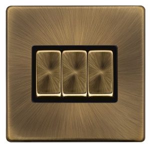 CLICK DEFINITY COMPLETE 10AX INGOT 3 GANG 2 WAY SWITCH - ANTIQUE BRASS COVER PLATE - BLACK INSERT