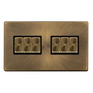 CLICK DEFINITY COMPLETE 10AX INGOT 6 GANG 2 WAY SWITCH - ANTIQUE BRASS COVER PLATE - BLACK INSERT