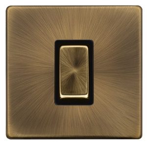 CLICK DEFINITY COMPLETE 50A INGOT 1 GANG DOUBLE POLE SWITCH -  ANTIQUE BRASS COVER PLATE - BLACK INSERT