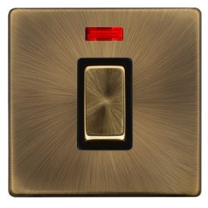 CLICK DEFINITY COMPLETE 50A INGOT 1 GANG DOUBLE POLE SWITCH WITH NEON -  ANTIQUE BRASS COVER PLATE - BLACK INSERT