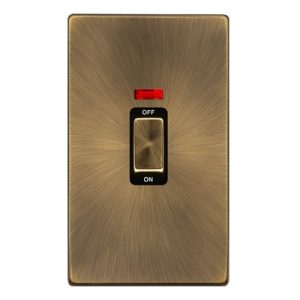 CLICK DEFINITY COMPLETE 50A INGOT 2 GANG DOUBLE POLE SWITCH WITH NEON -  ANTIQUE BRASS COVER PLATE - BLACK INSERT