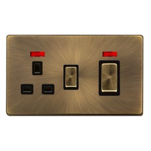 CLICK DEFINITY COMPLETE 50A INGOT DOUBLE POLE SWITCH WITH 13A DOUBLE POLE SWITCHED SOCKET & NEON -  ANTIQUE BRASS COVER PLATE - BLACK INSERT