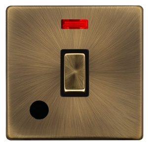 CLICK DEFINITY COMPLETE 20A INGOT DOUBLE POLE SWITCH WITH NEON & FLEX OUTLET - ANTIQUE BRASS COVER PLATE - BLACK INSERT