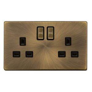 CLICK DEFINITY COMPLETE 13A INGOT 2 GANG DP SWITCHED SOCKET - ANTIQUE BRASS COVER PLATE - BLACK INSERT