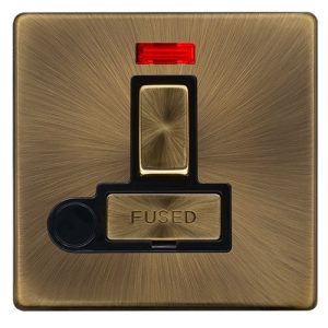 CLICK DEFINITY COMPLETE 13A INGOT SWITCHED FUSED CONNECTION UNIT WITH NEON & OPTIONAL FLEX OUTLET - ANTIQUE BRASS COVER PLATE - BLACK INSERT