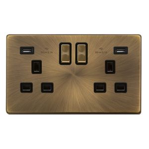 CLICK DEFINITY COMPLETE 13A INGOT 2 GANG SWITCHED SOCKET WITH 2.1A USB OUTLETS - ANTIQUE BRASS COVER PLATE - BLACK INSERT