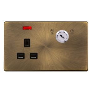 CLICK DEFINITY COMPLETE 13A 1 GANG DOUBLE POLE KEY LOCKABLE SOCKET WITH NEON - ANTIQUE BRASS COVER PLATE - BLACK INSERT