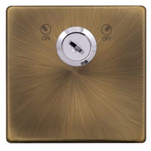 CLICK DEFINITY COMPLETE 20A DOUBLE POLE KEY LOCKABLE SWITCH - ANTIQUE BRASS COVER PLATE