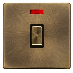 CLICK DEFINITY COMPLETE 20A INGOT DOUBLE POLE SWITCH WITH NEON - ANTIQUE BRASS COVER PLATE - BLACK INSERT