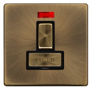 CLICK DEFINITY COMPLETE 13A INGOT SWITCHED FUSED CONNECTION UNIT WITH NEON - ANTIQUE BRASS COVER PLATE - BLACK INSERT