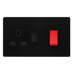 CLICK DEFINITY COMPLETE 50A DOUBLE POLE SWITCH WITH 13A DOUBLE POLE SWITCHED SOCKET -  MATT BLACK COVER PLATE - BLACK INSERT