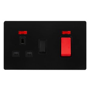 CLICK DEFINITY COMPLETE 50A DOUBLE POLE SWITCH WITH 13A DOUBLE POLE SWITCHED SOCKET & NEON -  MATT BLACK COVER PLATE - BLACK INSERT