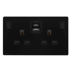 CLICK DEFINITY COMPLETE 13A INGOT 2 GANG SWITCHED SAFETY SHUTTER SOCKET WITH TYPE A & C USB - MATT BLACK COVER PLATE - BLACK INSERT
