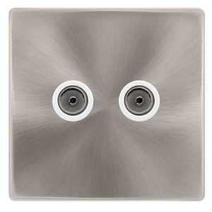 CLICK DEFINITY COMPLETE TWIN NON-ISOLATED COAXIAL OUTLET - BRUSHED STEEL COVER PLATE - POLAR WHITE INSERT