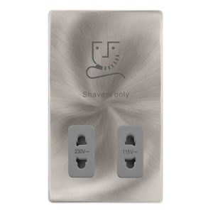 CLICK DEFINITY COMPLETE 115/230V DUAL VOLTAGE SHAVER SOCKET - BRUSHED STEEL COVER PLATE - GREY INSERT