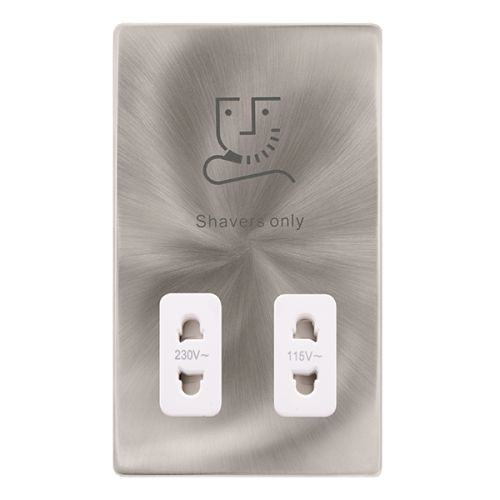 CLICK DEFINITY COMPLETE 115/230V DUAL VOLTAGE SHAVER SOCKET - BRUSHED STEEL COVER PLATE - POLAR WHITE INSERT