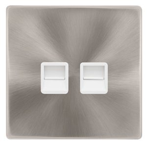 CLICK DEFINITY COMPLETE TWIN TELEPHONE MASTER OUTLET - BRUSHED STEEL COVER PLATE - POLAR WHITE INSERT