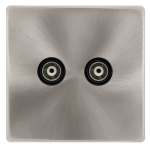 CLICK DEFINITY COMPLETE TWIN ISOLATED COAXIAL OUTLET - BRUSHED STEEL COVER PLATE - BLACK INSERT