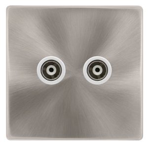 CLICK DEFINITY COMPLETE TWIN ISOLATED COAXIAL OUTLET - BRUSHED STEEL COVER PLATE - POLAR WHITE INSERT