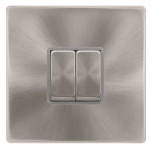 CLICK DEFINITY COMPLETE 10AX INGOT 2 GANG 2 WAY SWITCH - BRUSHED STEEL COVER PLATE - GREY INSERT