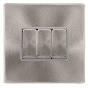 CLICK DEFINITY COMPLETE 10AX INGOT 3 GANG 2 WAY SWITCH - BRUSHED STEEL COVER PLATE - GREY INSERT