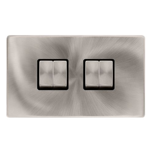CLICK DEFINITY COMPLETE 10AX INGOT 4 GANG 2 WAY SWITCH - BRUSHED STEEL COVER PLATE - BLACK INSERT
