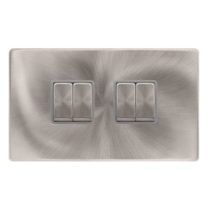 CLICK DEFINITY COMPLETE 10AX INGOT 4 GANG 2 WAY SWITCH - BRUSHED STEEL COVER PLATE - GREY INSERT