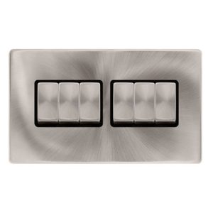 CLICK DEFINITY COMPLETE 10AX INGOT 6 GANG 2 WAY SWITCH - BRUSHED STEEL COVER PLATE - BLACK INSERT