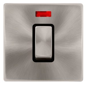 CLICK DEFINITY COMPLETE 50A INGOT 1 GANG DOUBLE POLE SWITCH WITH NEON -  BRUSHED STEEL COVER PLATE - BLACK INSERT