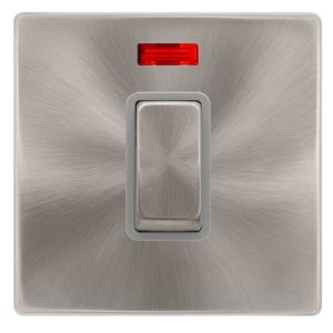 CLICK DEFINITY COMPLETE 50A INGOT 1 GANG DOUBLE POLE SWITCH WITH NEON -  BRUSHED STEEL COVER PLATE - GREY INSERT