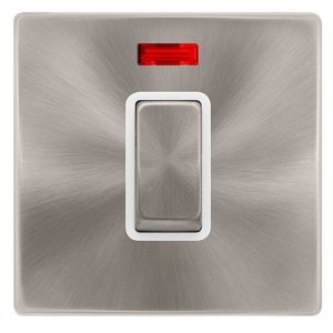 CLICK DEFINITY COMPLETE 50A INGOT 1 GANG DOUBLE POLE SWITCH WITH NEON -  BRUSHED STEEL COVER PLATE - POLAR WHITE INSERT