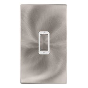 CLICK DEFINITY COMPLETE 50A INGOT 2 GANG DOUBLE POLE SWITCH -  BRUSHED STEEL COVER PLATE - POLAR WHITE INSERT