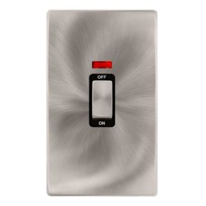 CLICK DEFINITY COMPLETE 50A INGOT 2 GANG DOUBLE POLE SWITCH WITH NEON -  BRUSHED STEEL COVER PLATE - BLACK INSERT